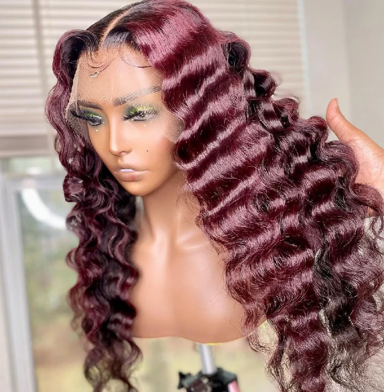 Cranberry Loose Deep Wave 99J Burgundy Colored Lace Front Wigs For Women