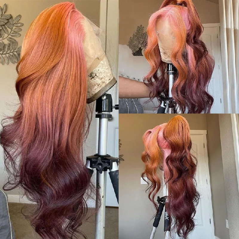 Cranberry Ombre Pink Orange Body Wave Lace Frontal Wigs Wavy 13X4 Lace Front Wig 180% Density Brazilian Remy Hair