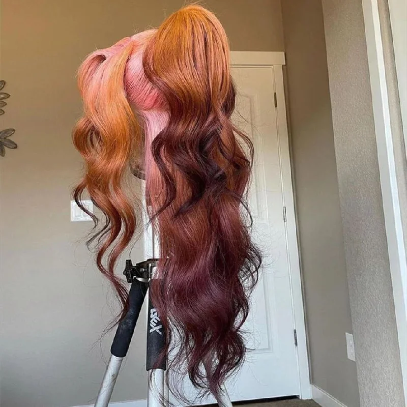 Cranberry Ombre Pink Orange Body Wave Lace Frontal Wigs Wavy 13X4 Lace Front Wig 180% Density Brazilian Remy Hair