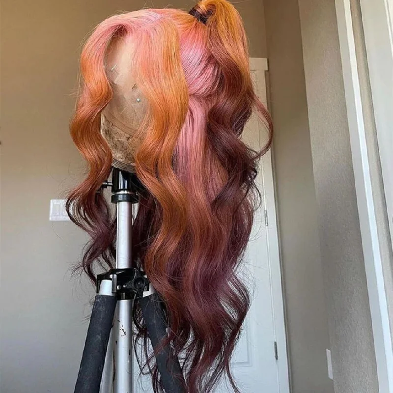 Cranberry Ombre Pink Orange Body Wave Lace Frontal Wigs Wavy 13X4 Lace Front Wig 180% Density Brazilian Remy Hair