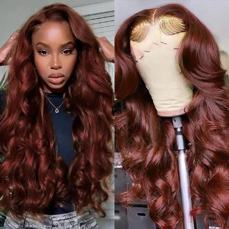 Cranberry Reddish Brown 13x4 Body Wave Lace Front Hair Wig Autumn Perfect Color For Dark Skins