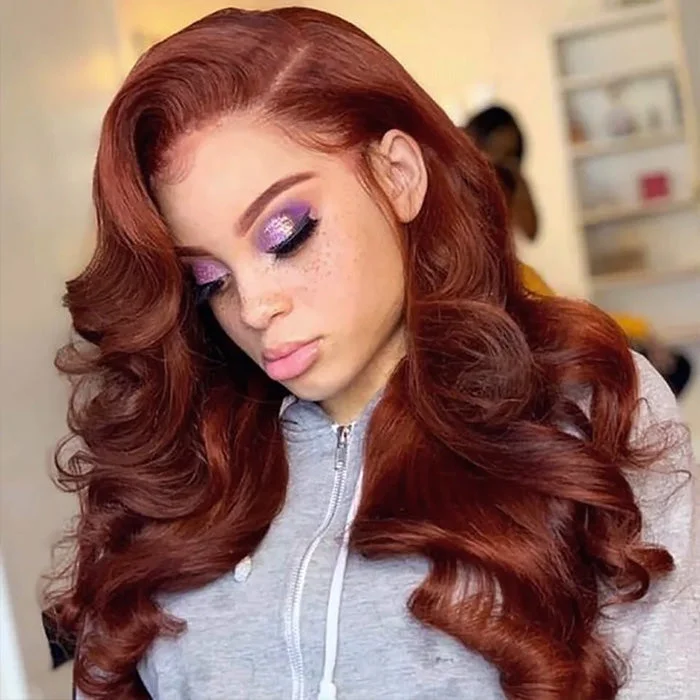 Cranberry Reddish Brown 13x4 Body Wave Lace Front Hair Wig Autumn Perfect Color For Dark Skins