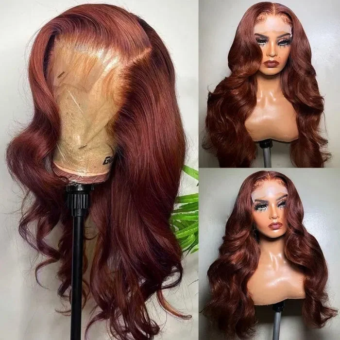 Cranberry Reddish Brown 13x4 Body Wave Lace Front Hair Wig Autumn Perfect Color For Dark Skins