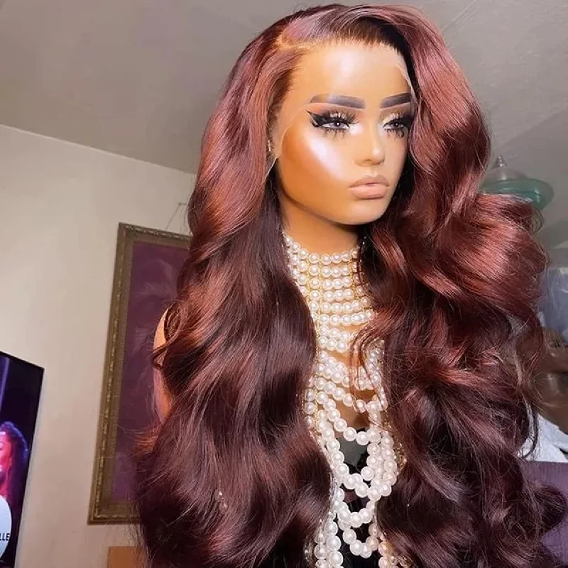 Cranberry REDDISH BROWN BODY WAVE 13X4 LACE FRONTAL WIG WITH B