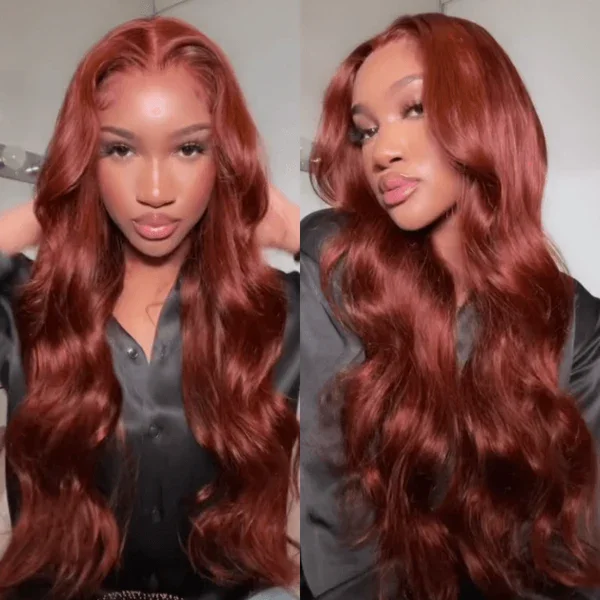 Cranberry REDDISH BROWN BODY WAVE 13X4 LACE FRONTAL WIG WITH B