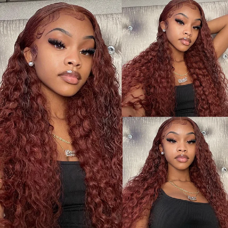 Cranberry  Reddish Brown Color Deep Wave 13x4 Lace Front 180% Density Autumn Wig