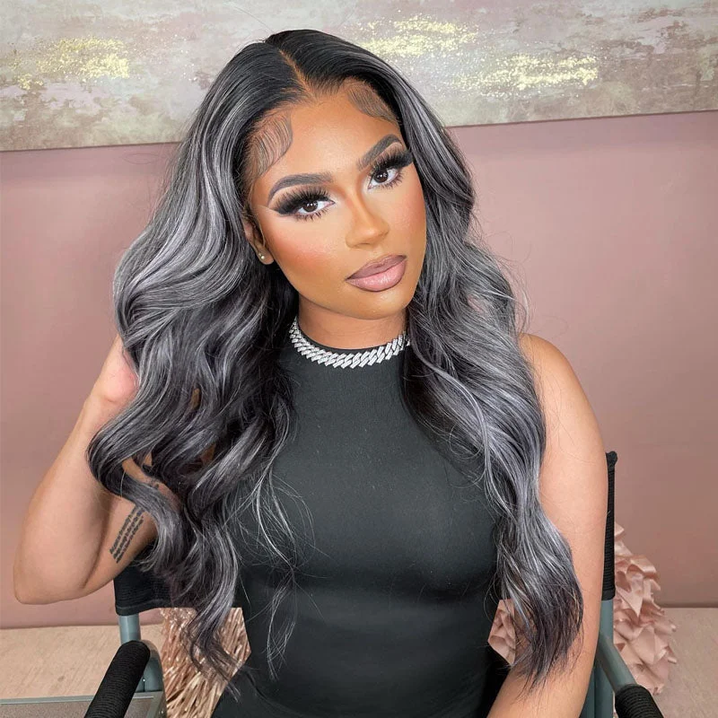 Cranberry Sliver Gray Black Highlight Straight Wig Human Hair Wigs HD 13X4 Lace Frontal Wig