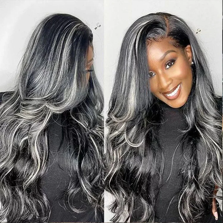 Cranberry Sliver Gray Black Highlight Straight Wig Human Hair Wigs HD 13X4 Lace Frontal Wig