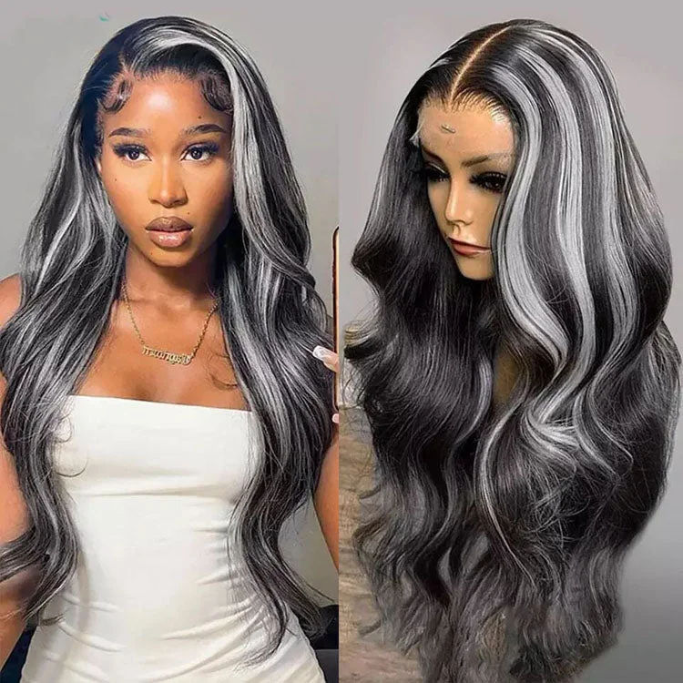 Cranberry Sliver Gray Black Highlight Straight Wig Human Hair Wigs HD 13X4 Lace Frontal Wig