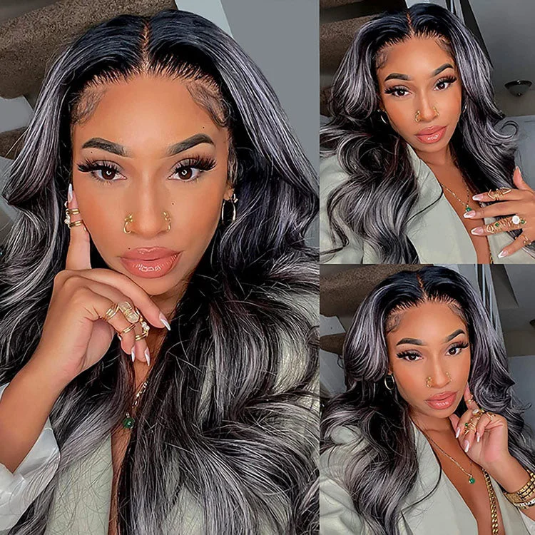 Cranberry Sliver Gray Black Highlight Straight Wig Human Hair Wigs HD 13X4 Lace Frontal Wig