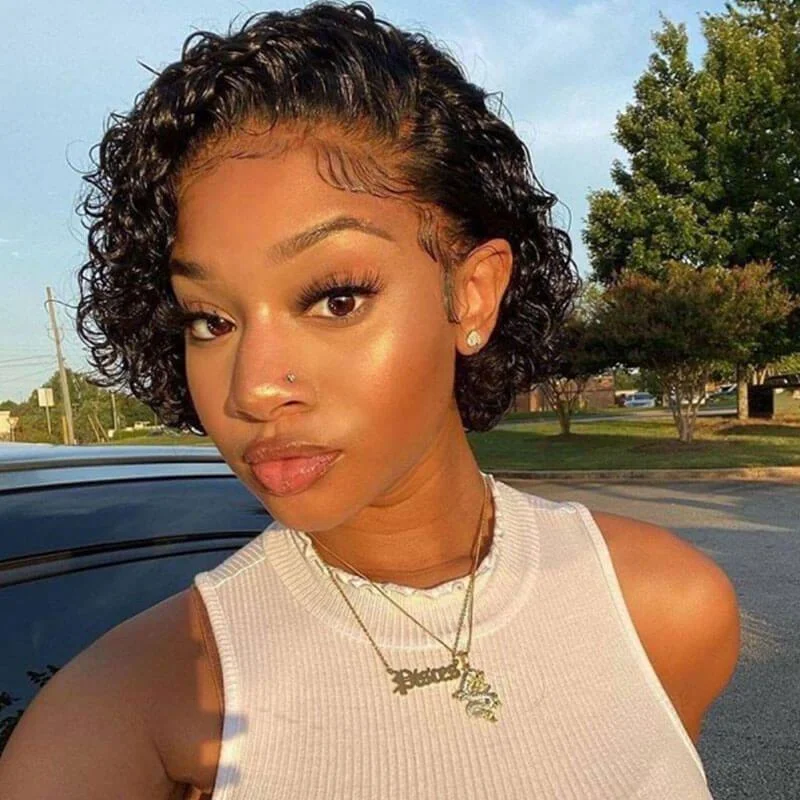 Curly Bob HD Transparent Lace Front Human Hair Wigs 8 Inchs Short Pixie Cut Virgin Hair For Black Women