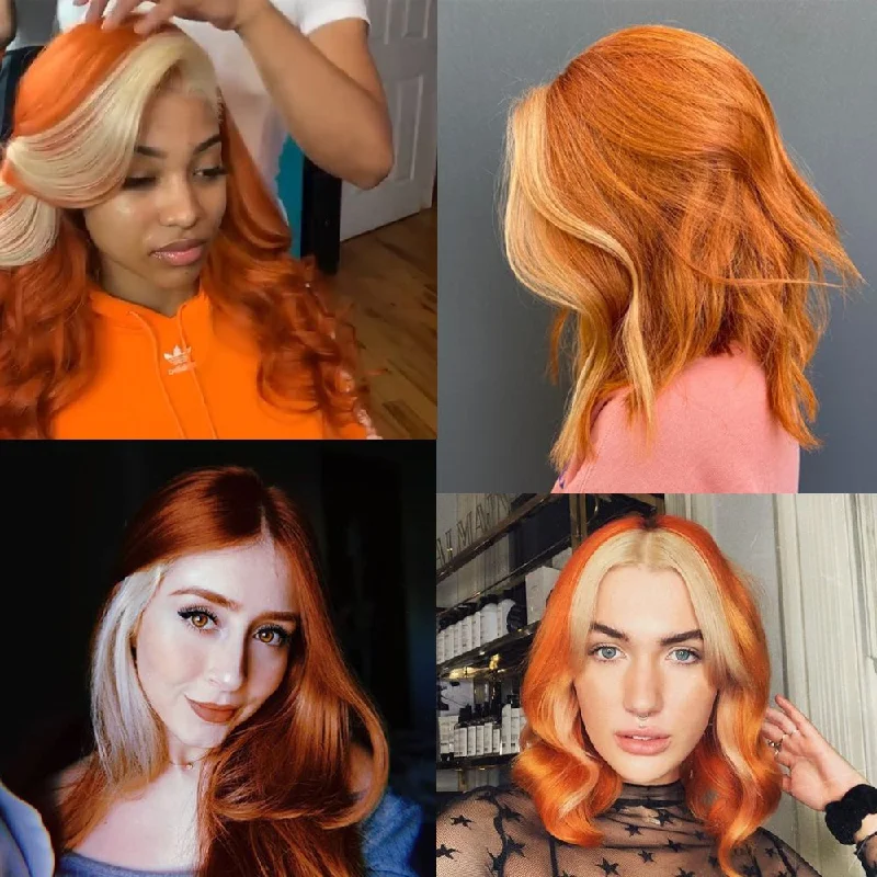 Vrvogue Hair  Orange With Brown Highlight Virgin Wigs Body Wave 13x4/T Part Transparent Lace Wigs 100% Human Hair