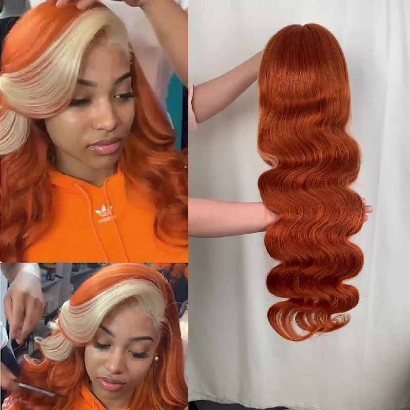 Vrvogue Hair  Orange With Brown Highlight Virgin Wigs Body Wave 13x4/T Part Transparent Lace Wigs 100% Human Hair