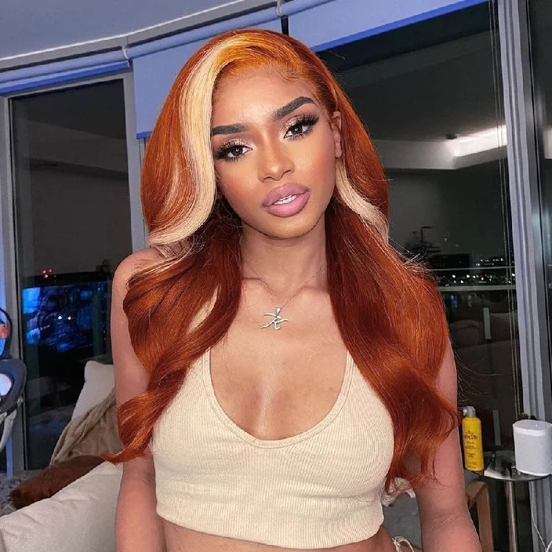 Vrvogue Hair  Orange With Brown Highlight Virgin Wigs Body Wave 13x4/T Part Transparent Lace Wigs 100% Human Hair