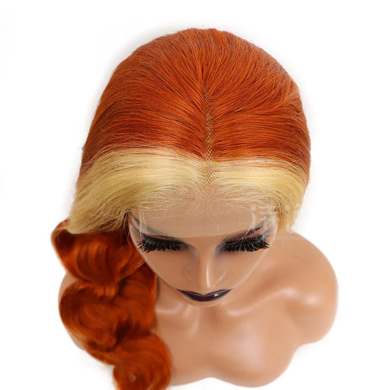 Vrvogue Hair  Orange With Brown Highlight Virgin Wigs Body Wave 13x4/T Part Transparent Lace Wigs 100% Human Hair