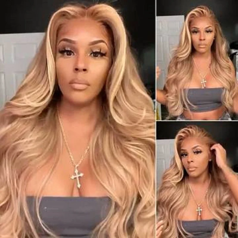 30 Inch 210% Density Gold Mix Brown Highlight Wigs 13x4/T Part Transparent Lace Front Wigs Body Wave Virgin Hair Pre-Colored Human Hair