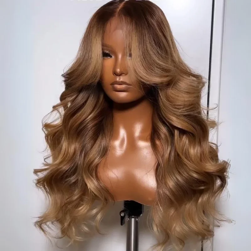 Dark Brown Curtain Bangs 13x4 Lace Front Wig Brown with Blonde Highlights Lace Front Human Hair Wigs