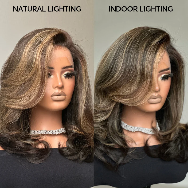 Blonde Highlight With Dark Brown Layered Wavy 13x4 Lace Front Wig