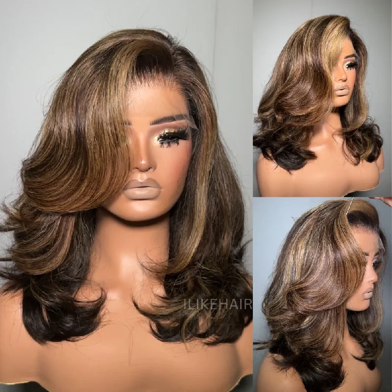 Blonde Highlight With Dark Brown Layered Wavy 13x4 Lace Front Wig