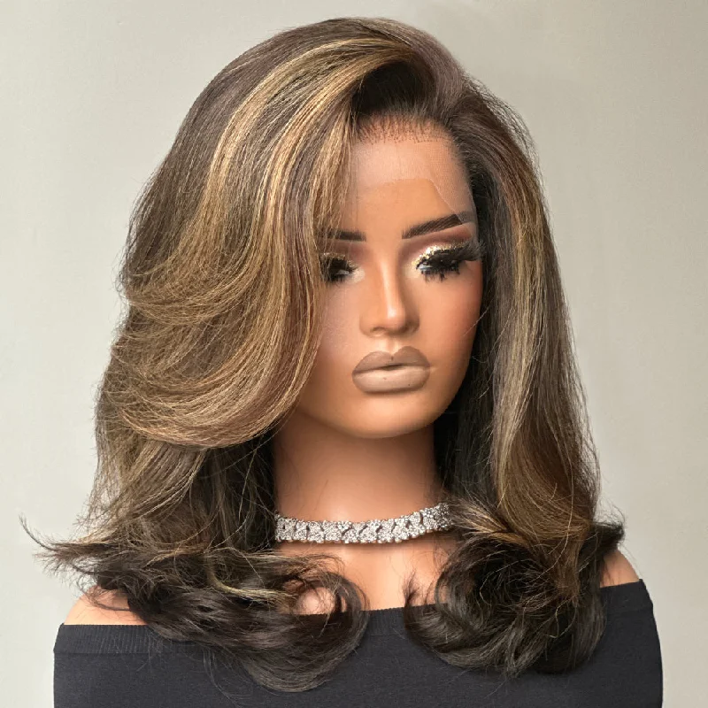 Dark Brown with Blonde Highlights Layered Wavy 13x4 Lace Front Wig