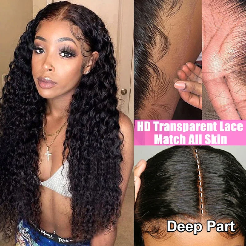 40 Inch 4x4 HD Transparent Lace Closure Wigs Remy Brazilian Human Hair Wigs Deep Wave Wig