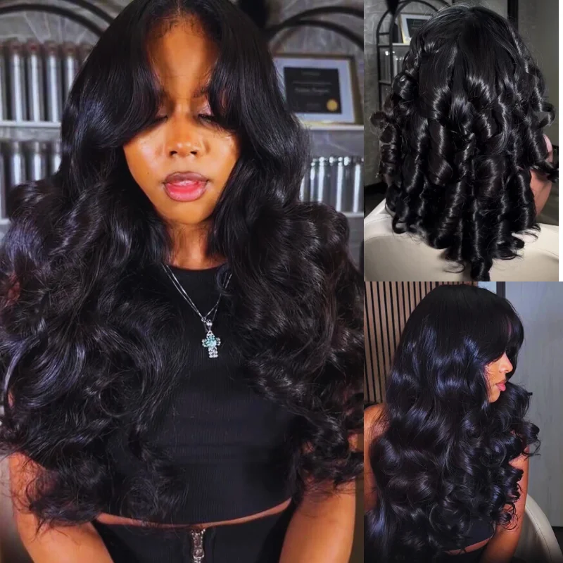 Fluffy Loose Wave Curtain Bangs Wig 13x4 Lace Front Wigs Human Hair With Bangs 250% Density