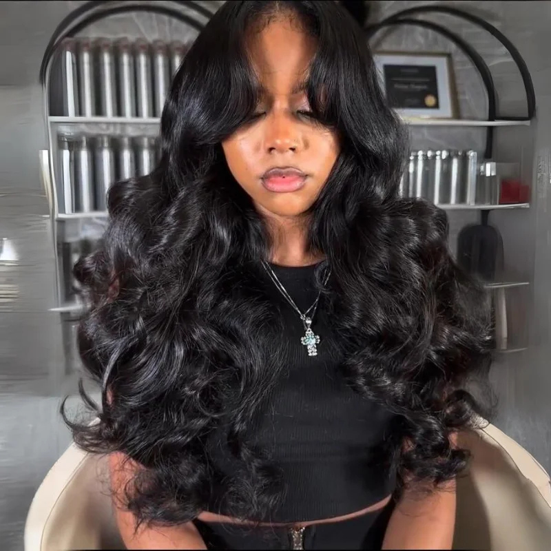 Fluffy Loose Wave Curtain Bangs Wig 13x4 Lace Front Wigs Human Hair With Bangs 250% Density