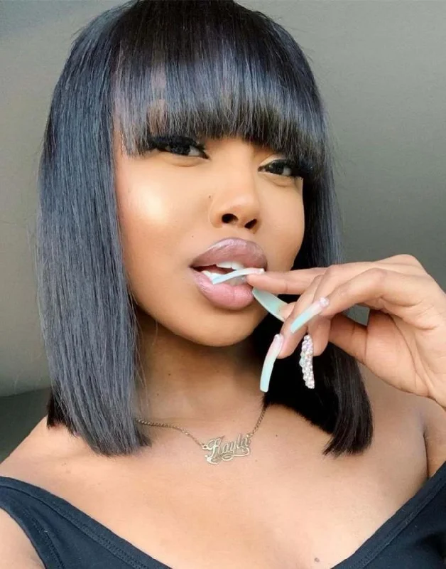 Full Lace Wig Bob Wig With Bangs Glueless Human Hair Wig -LM007