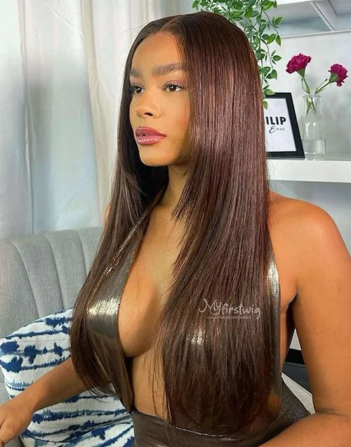 Full Lace Wig Caramel Brown Straight Glueless Human Hair Wig -LM017