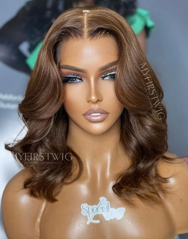 Full Lace Wig Caramel Brown Wavy Glueless Human Hair Wig -LM013