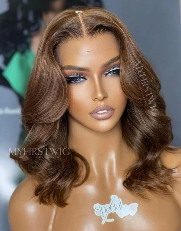 Full Lace Wig Caramel Brown Wavy Glueless Human Hair Wig -LM013