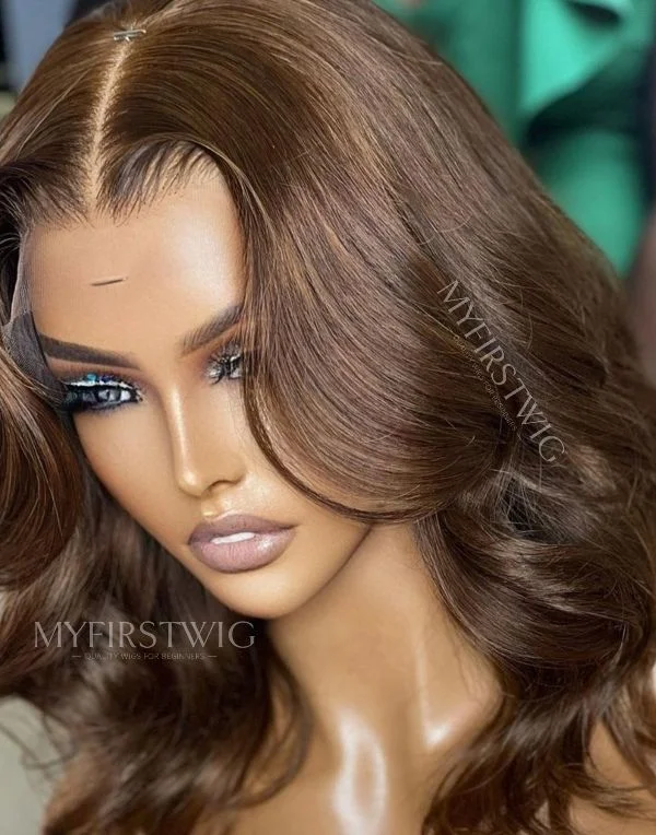 Full Lace Wig Caramel Brown Wavy Glueless Human Hair Wig -LM013