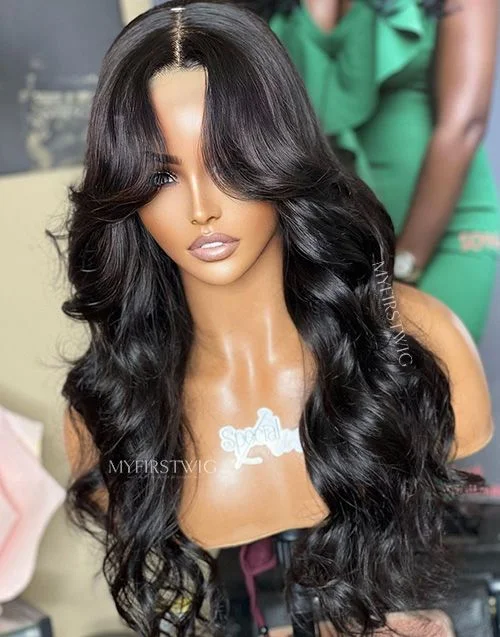 Full Lace Wig Curtain Bangs Long Wavy Glueless Human Hair Wig -LM004