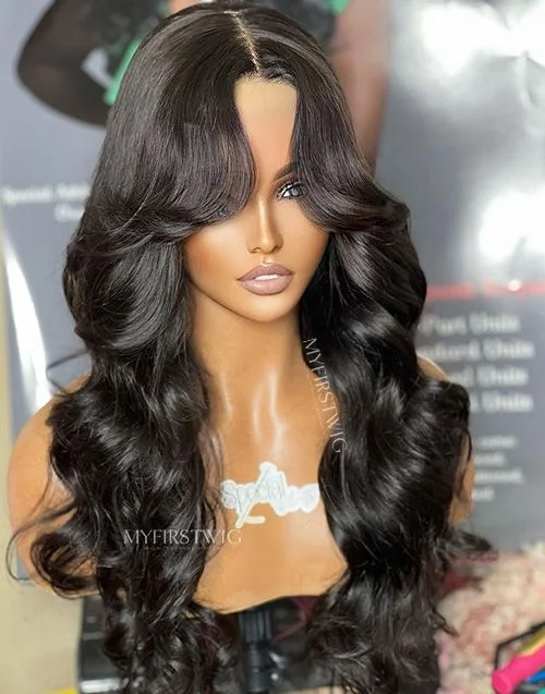 Full Lace Wig Curtain Bangs Long Wavy Glueless Human Hair Wig -LM004