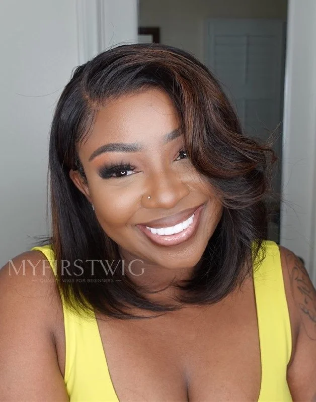 Full Lace Wig Highlight Brown Straight Bob Glueless Human Hair Wig -LM010