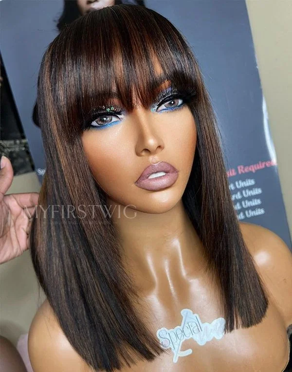 Full Lace Wig Highlight Brown Straight Glueless Human Hair Wig -LM006