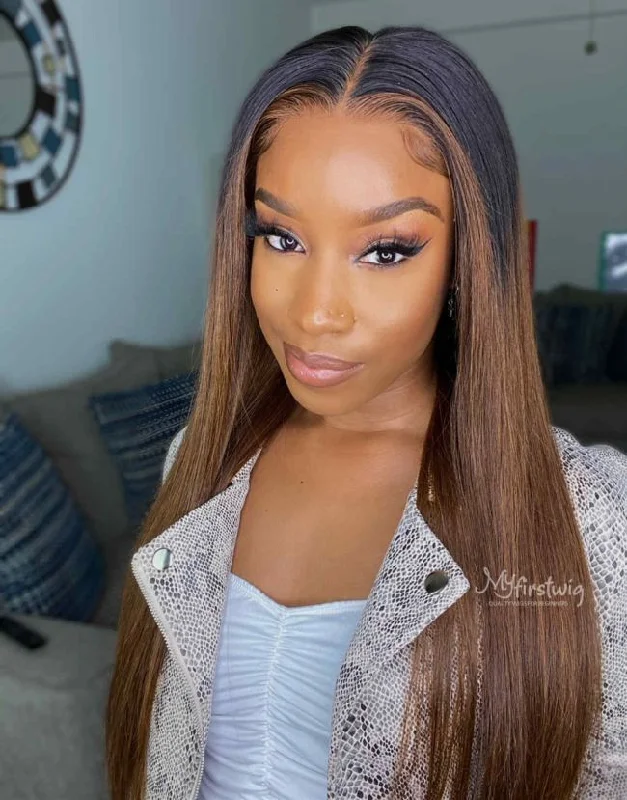 Full Lace Wig Ombre Brown Straight Glueless Human Hair Wig -LM014