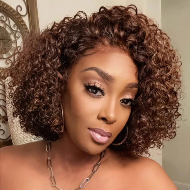 Highlight Chocolate Brown Bob Curly 13x4 Frontal Lace Wig