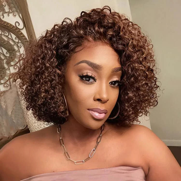 Highlight Chocolate Brown Bob Curly 13x4 Frontal Lace Wig