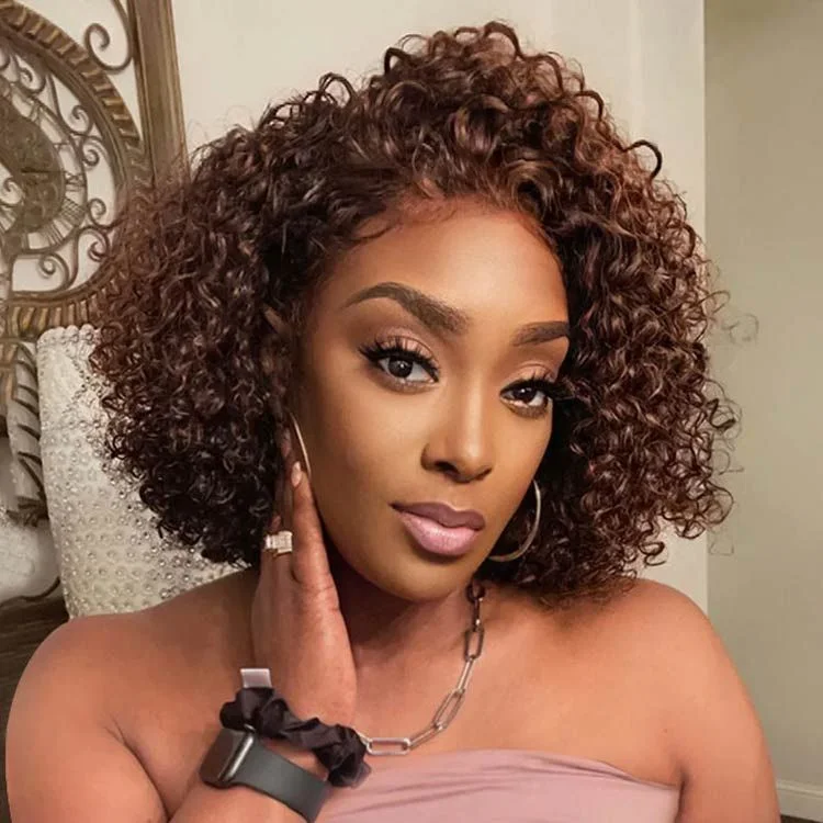 Highlight Chocolate Brown Bob Curly 13x4 Frontal Lace Wig