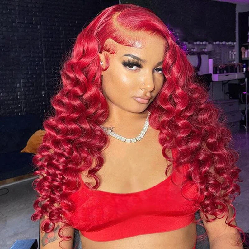 Gorgeous Red Color Loose Deep Wave Hair Glueless HD Lace Wigs