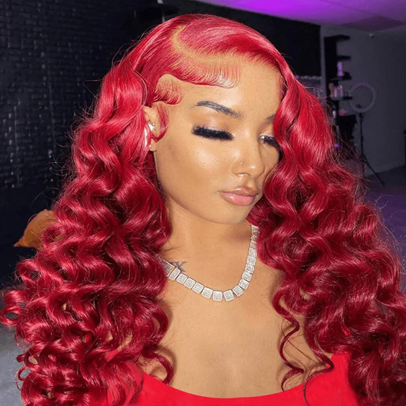 Gorgeous Red Color Loose Deep Wave Hair Glueless HD Lace Wigs