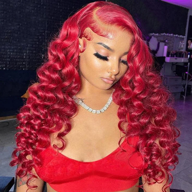 Gorgeous Red Color Loose Deep Wave Hair Glueless HD Lace Wigs