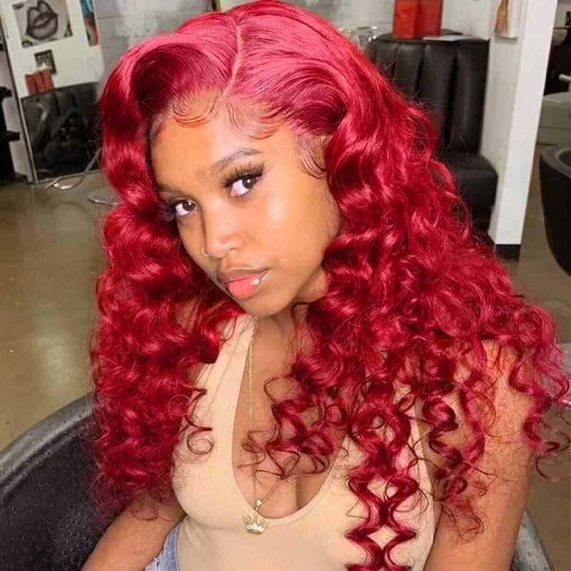 Gorgeous Red Color Loose Deep Wave Hair Glueless HD Lace Wigs