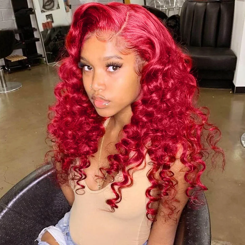 Gorgeous Red Color Loose Deep Wave Hair Glueless HD Lace Wigs