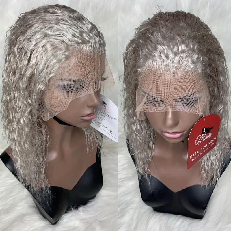 Grey Straight & CURLY  BOB Transparent Lace Front