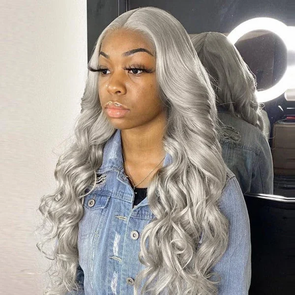 Grey Color Body Wave 13x4 /T Part/4x4 Transparent Lace Front Human Hair Wigs For Women With Pre Plucked Hairline Brazilian Hair 180%&210% Density