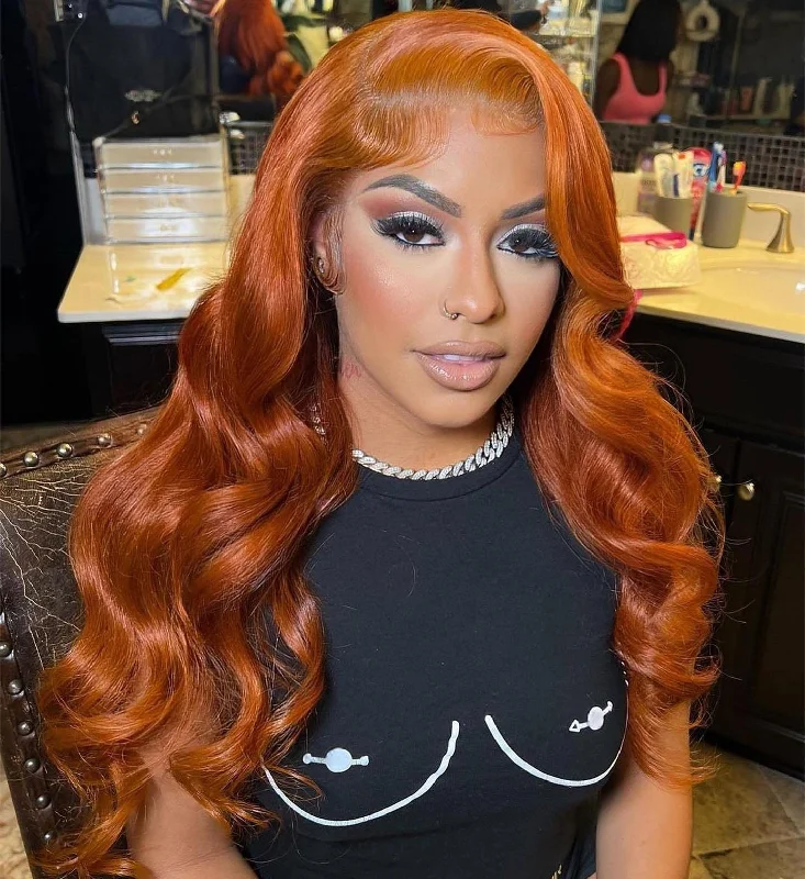 HD Glueless Orange Color Lace Frontal Human Hair Wig Body Wave Style