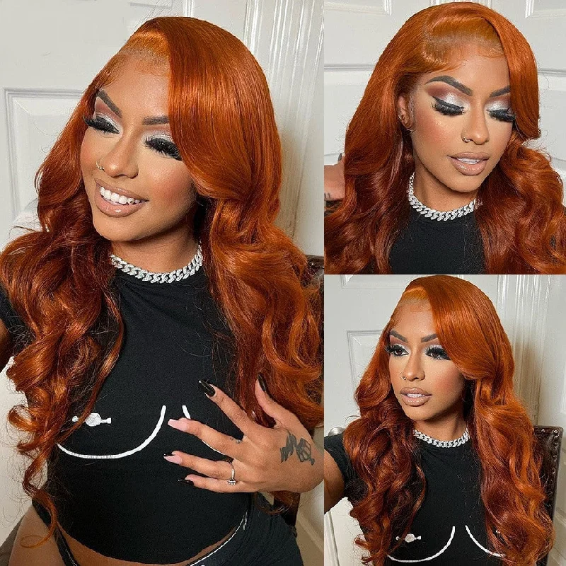 HD Glueless Orange Color Lace Frontal Human Hair Wig Body Wave Style