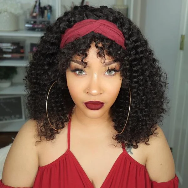 VRVOGUE Headband Wig With Bangs Brazilian Afro Kinky Curly Glueless Human Hair Wigs 180 Density Natural Color